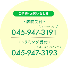 ご予約お問い合わせ・病院受付・045-947-3191・トリミング受付・045-947-3193